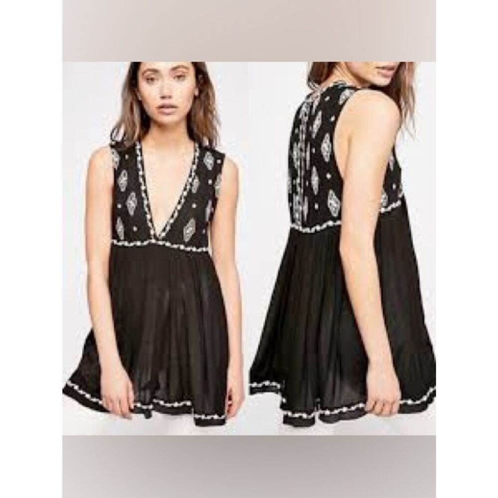 Free People black diamond embroidered sleeveless tank top